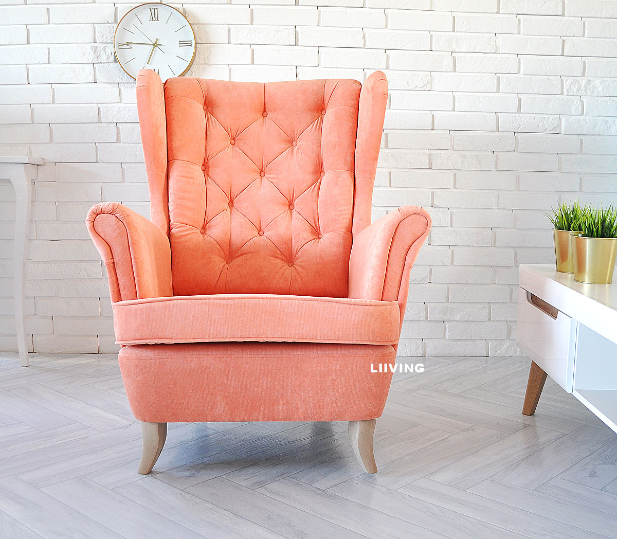 Fotel uszak w tkaninie welur kolor Peach