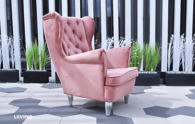 Fotel uszak w kolorze róż BLUSH + brylanty – jedyny !