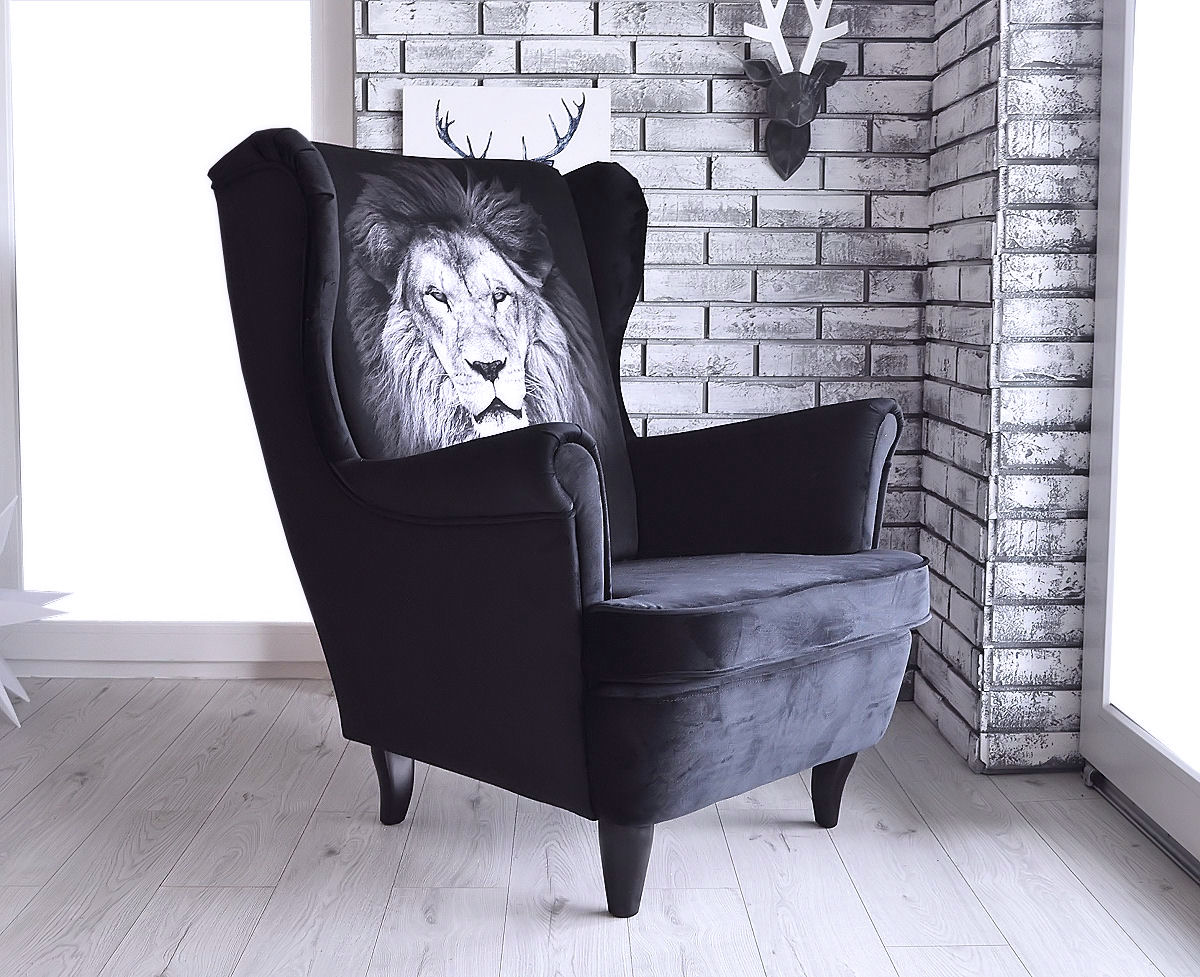 Fotel uszak w tkaninie LION czarny