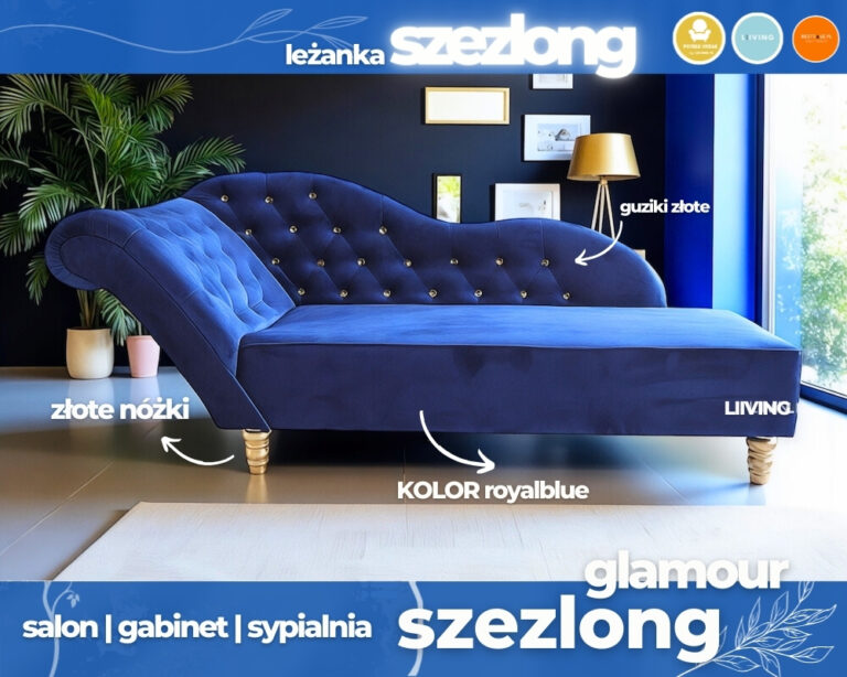 Szezlong leżanka w granacie ROYAL BLUE dodatki złote