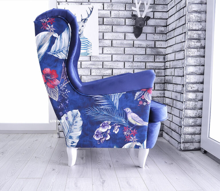 Fotel uszak w granacie + piękne ptaszki z tyłu