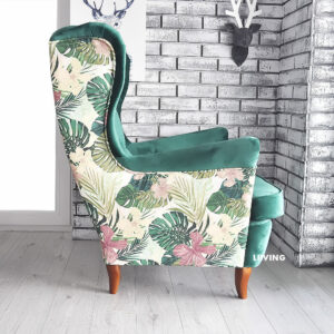 Fotel uszak liście monstera + przód velvet butelkowa zieleń