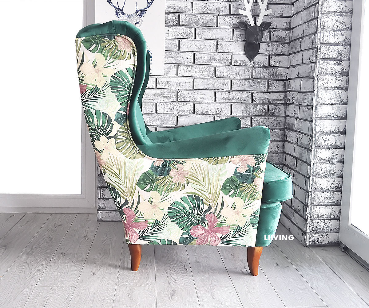 Fotel uszak liście monstera + przód velvet butelkowa zieleń