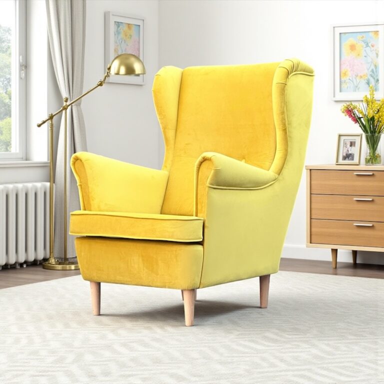 Fotel uszak w welurze żółtym